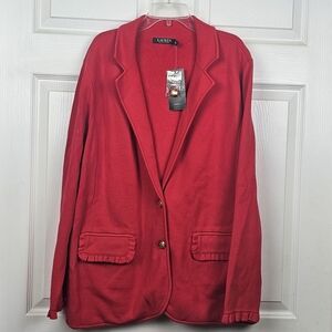 Lauren Ralph Lauren‎ Women's Plus Ruffle Trim Knit Blazer 2X Red Pockets Work